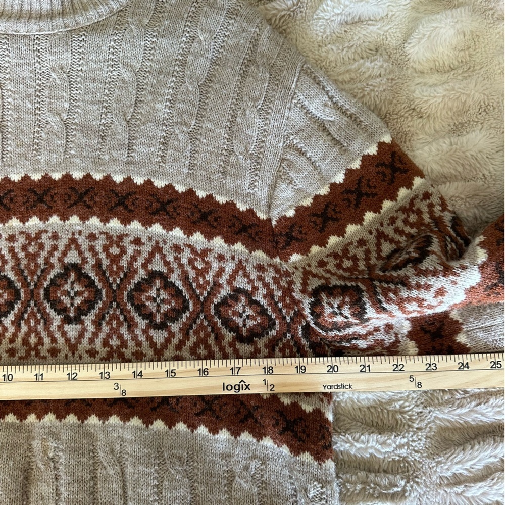 Jantzen Vintage Fair Isle Cable Knit Sweater USA Made Beige Brown Mens XL - Picture 10 of 11